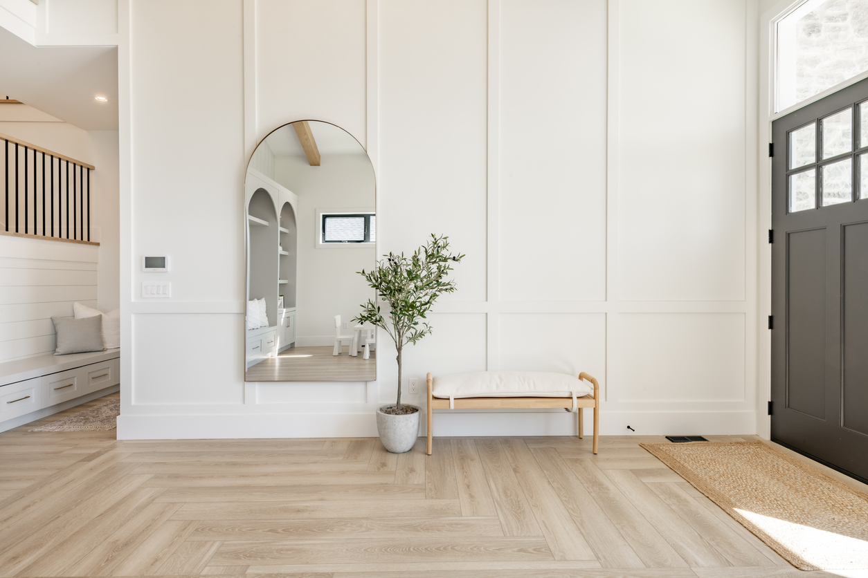 a modern décor hallway with engineered hardwood flooring