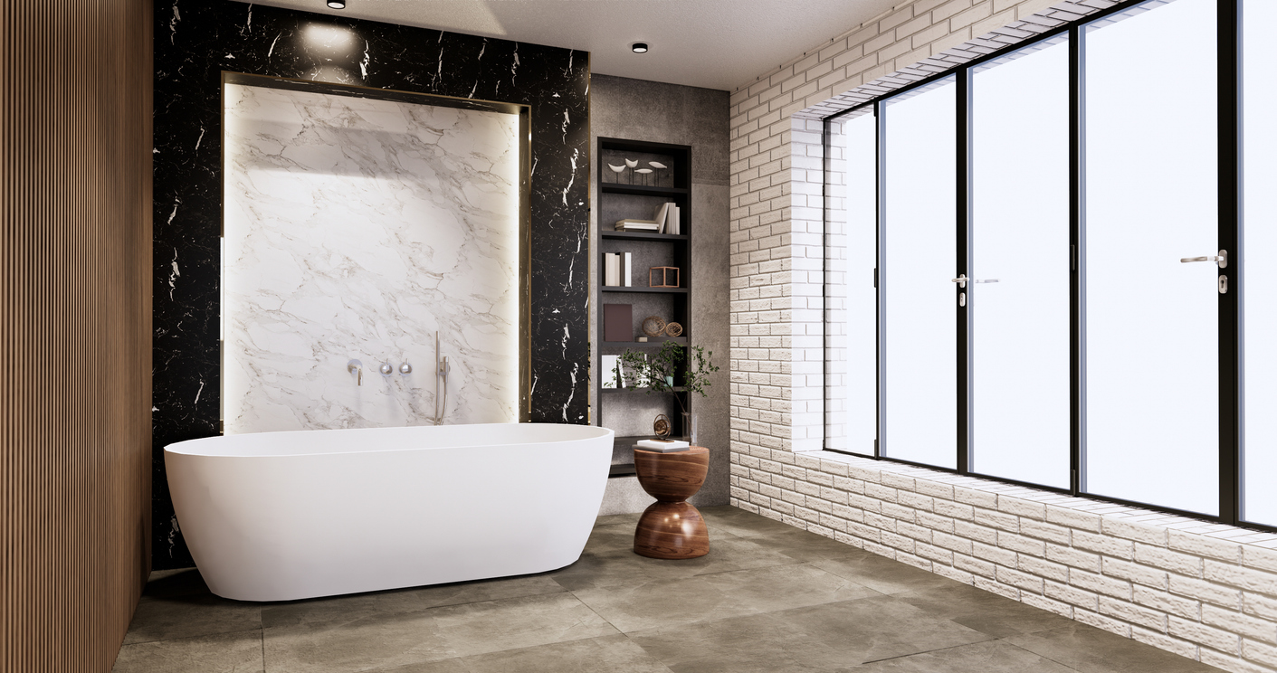 a modern style bathroom with tiled floors