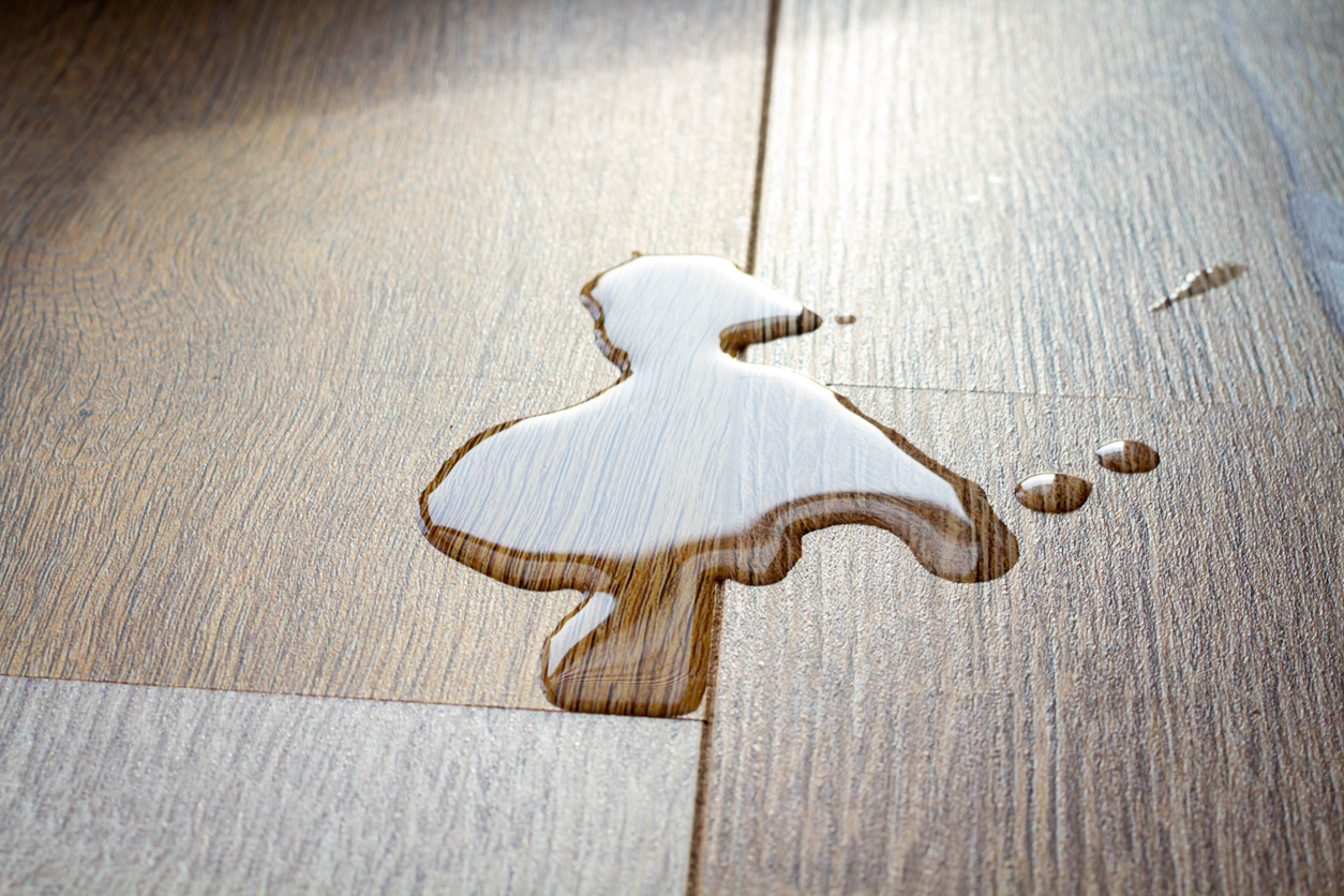 waterproof laminate flooring with a water spill on the surface