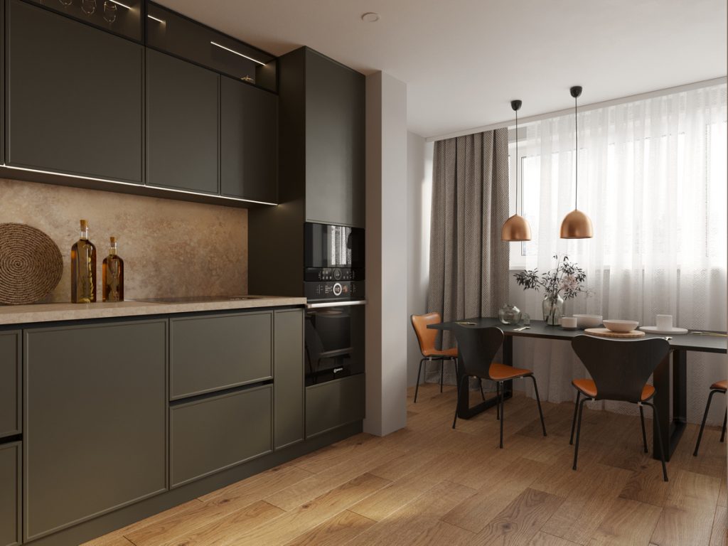 a new kitchen with brown wood laminate floors Water Resistant Laminate Flooring Kitchen with wood-effect water-resistant laminate
