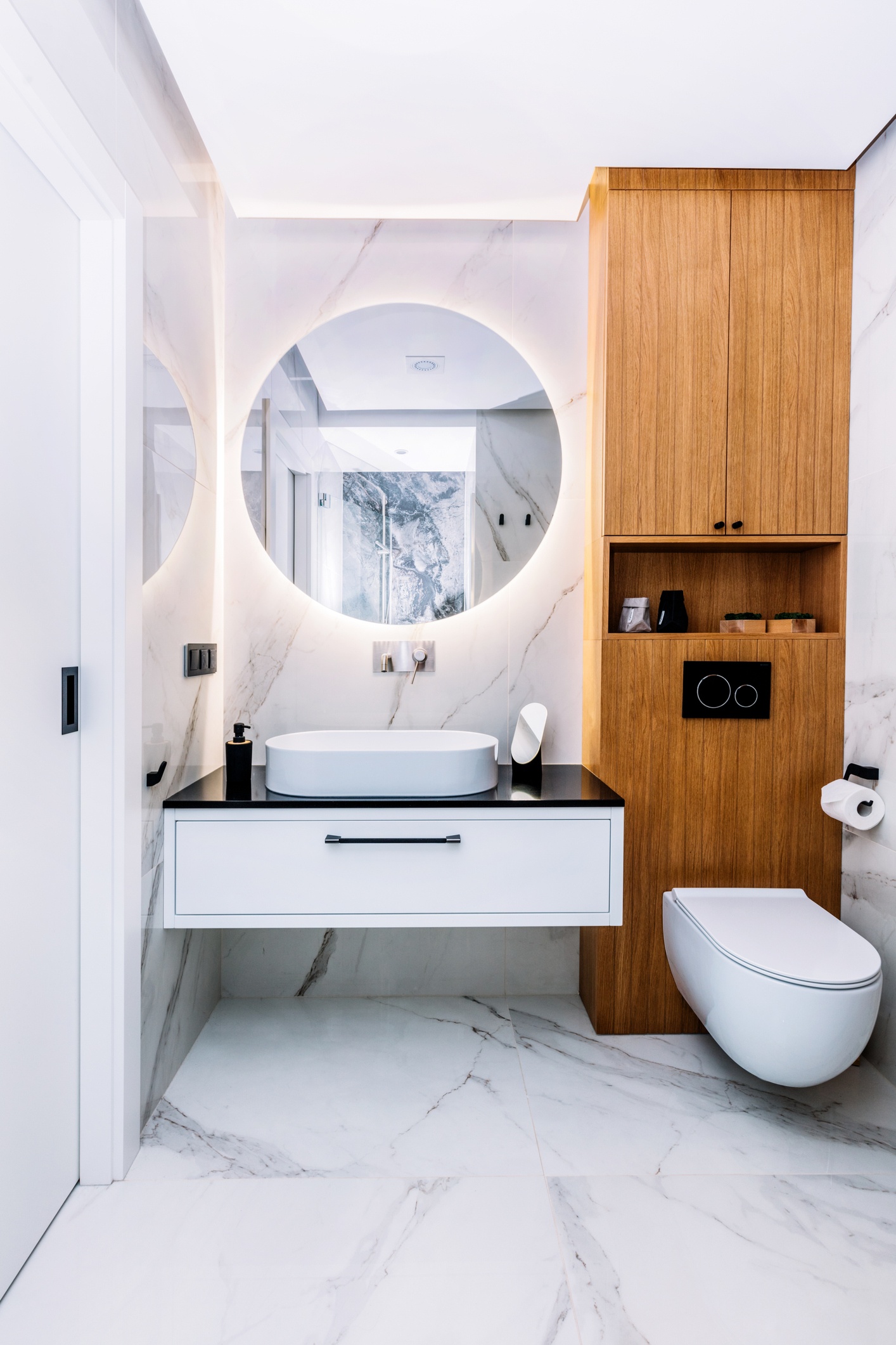 a modern bathroom with marble effect LVT