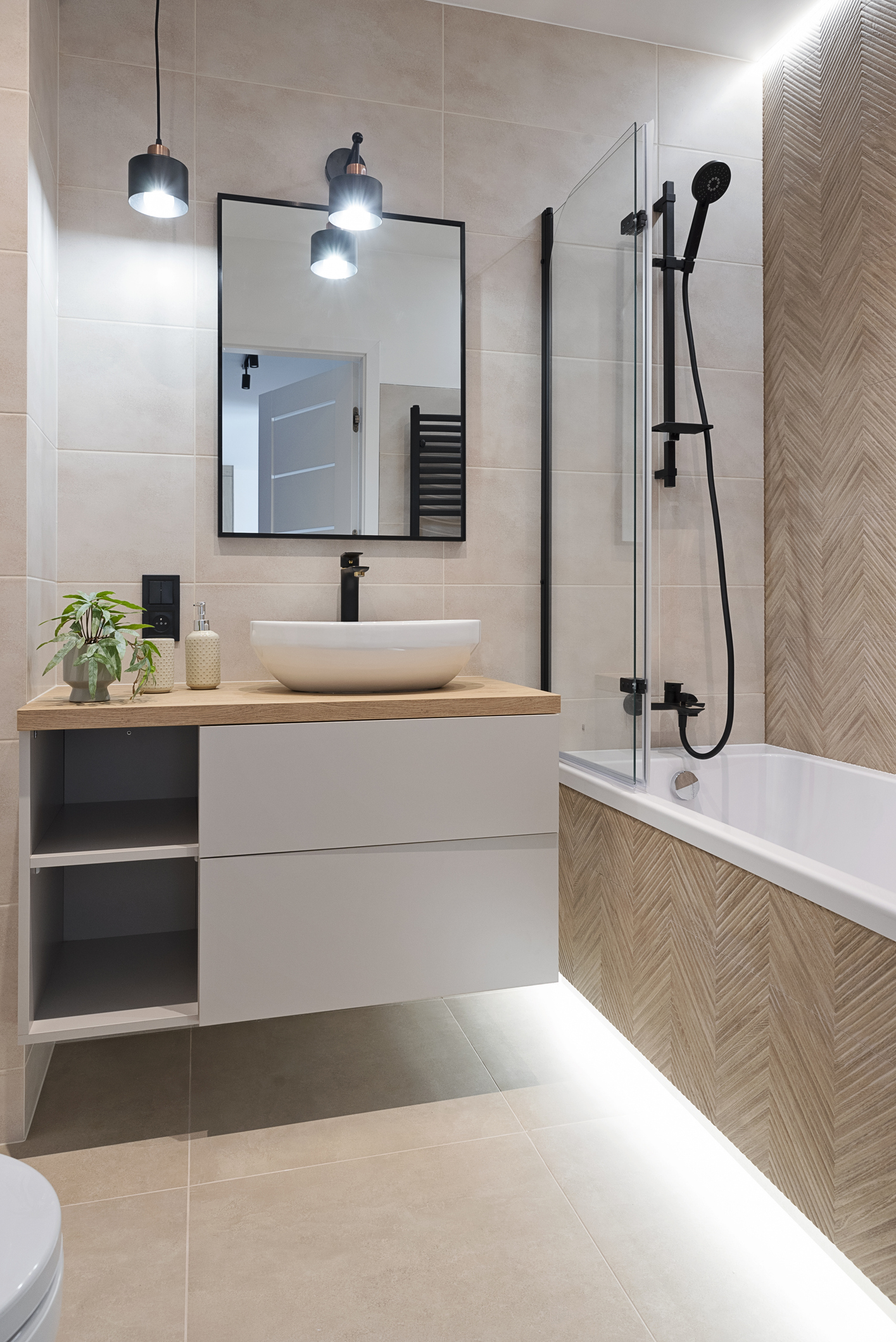 beige luxury vinyl tiles in a modern bathroom