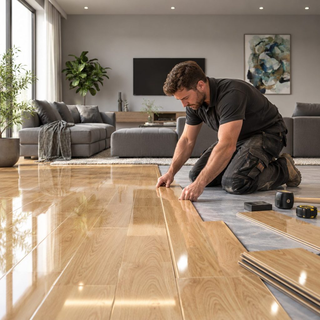 Fitter installing high gloss laminate flooring over underlay