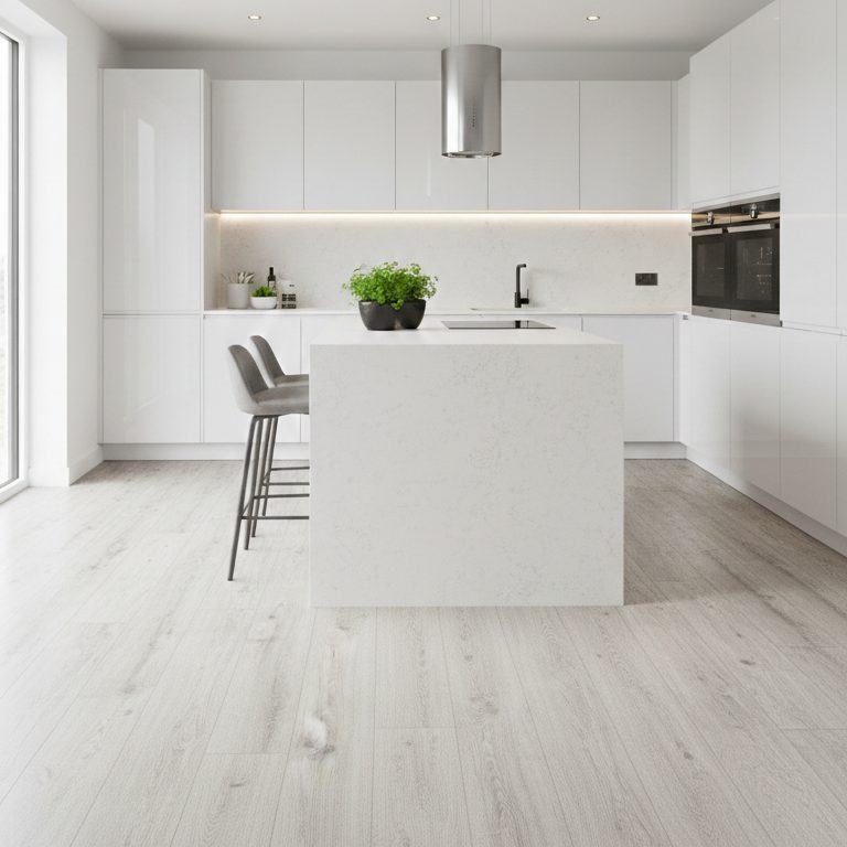 white high gloss laminate flooring kitchen manchester High Gloss Laminate White high gloss laminate flooring in a modern kitchen